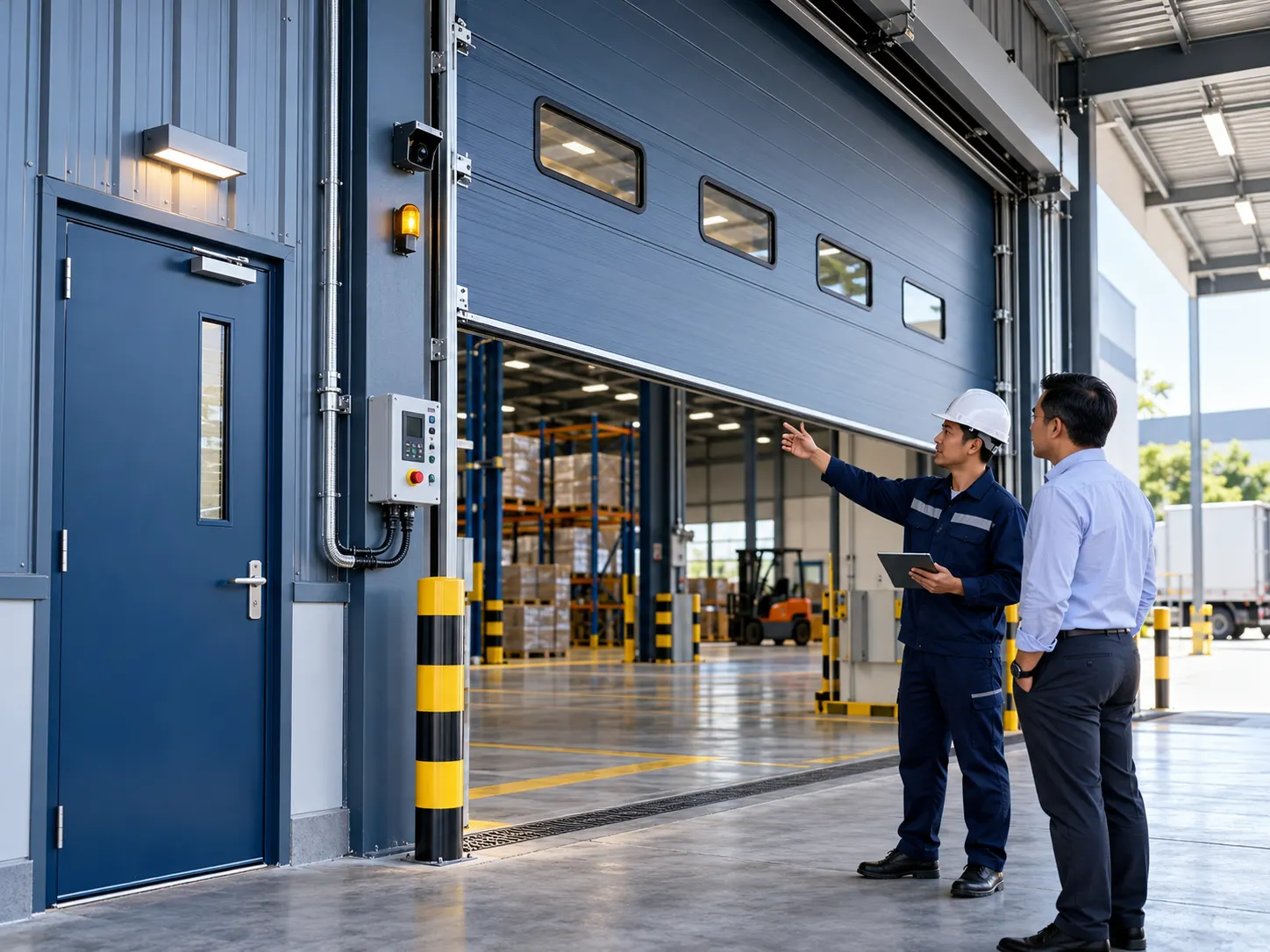 Engineer and client in front of a steel door and a sectional door in a warehouse (rendering)