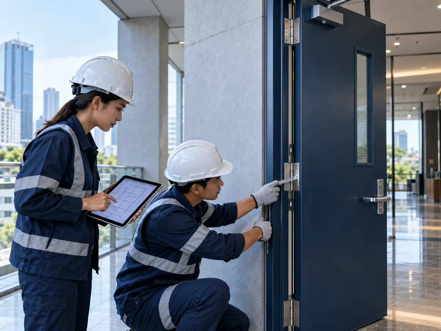 Engineers inspecting a steel door with a tablet (rendering)