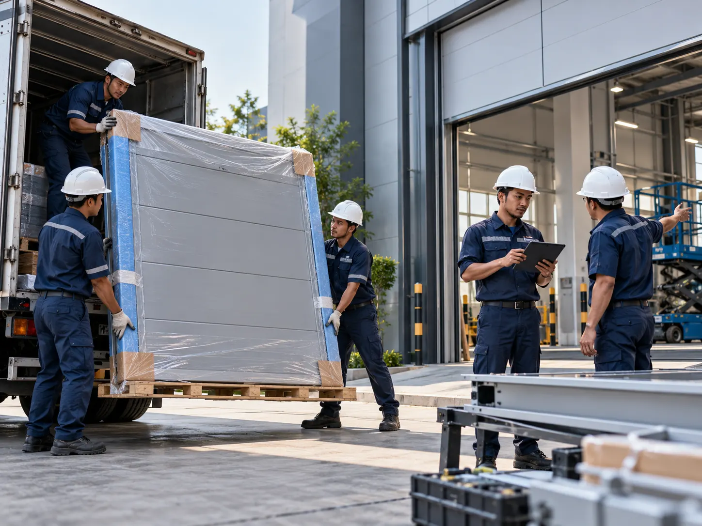 Installers unloading a door panel from a truck at a project site (rendering)