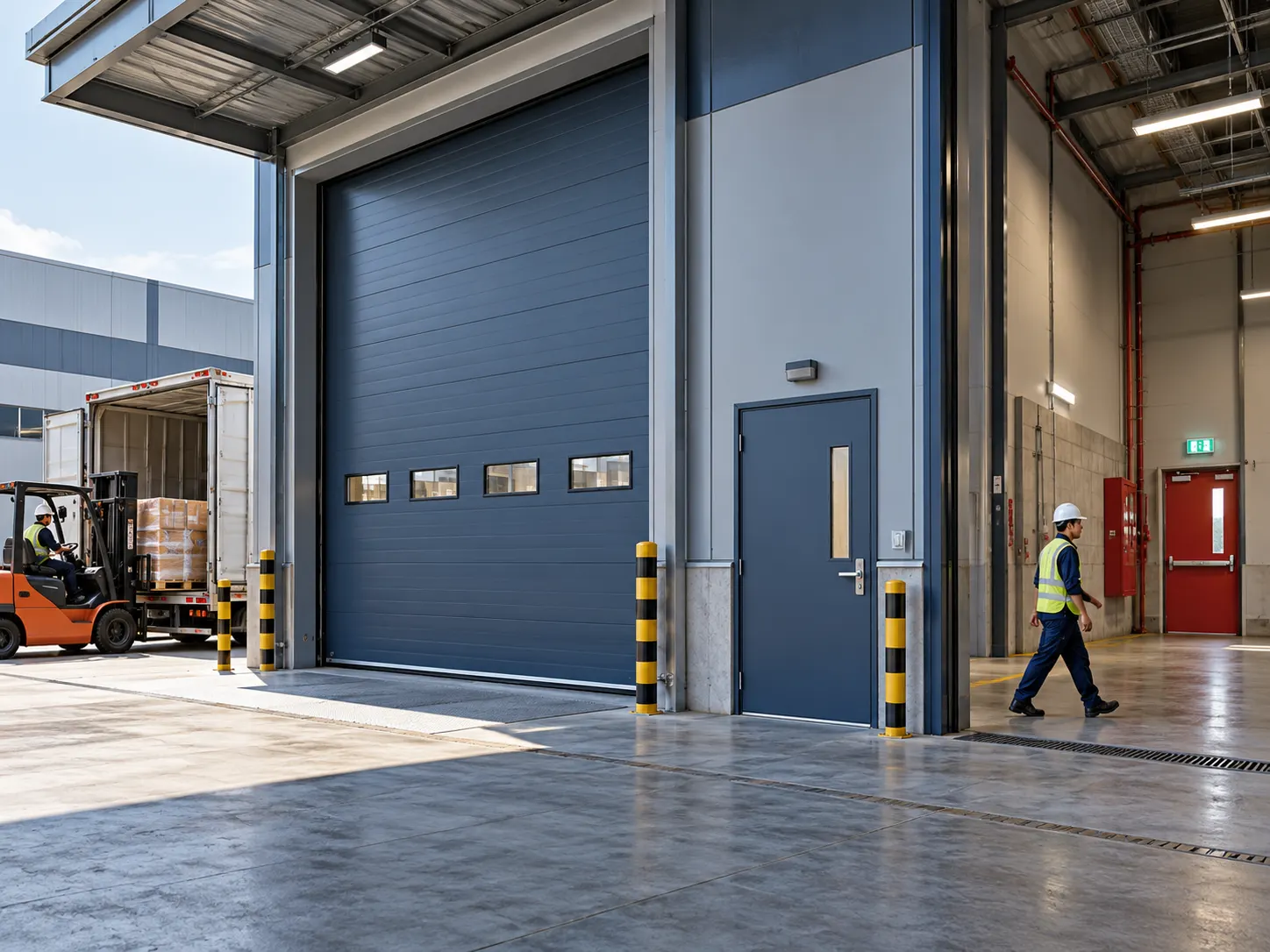 Blue industrial sectional door and steel door at a loading area with a forklift (rendering)