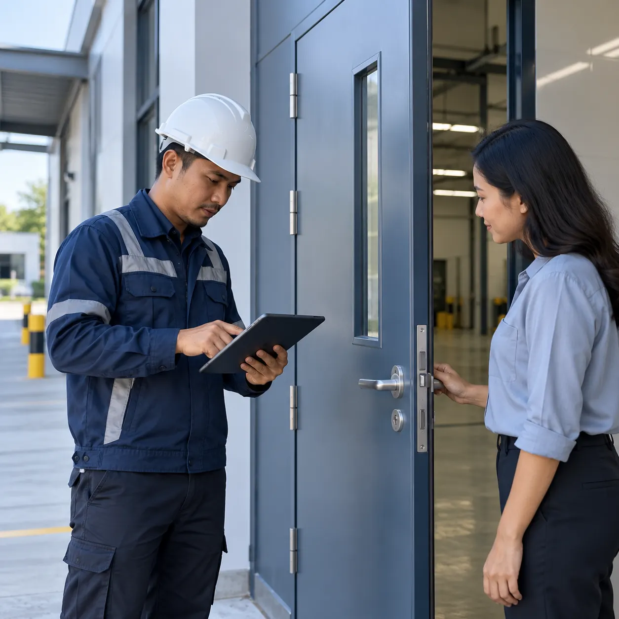 Technician with a tablet reviewing a steel door with a client (rendering)