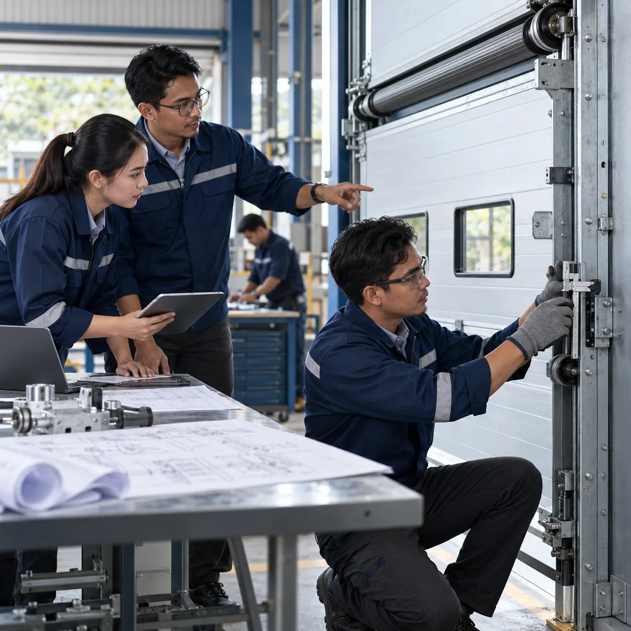 Engineering team working on a sectional door and drawings in a workshop (rendering)