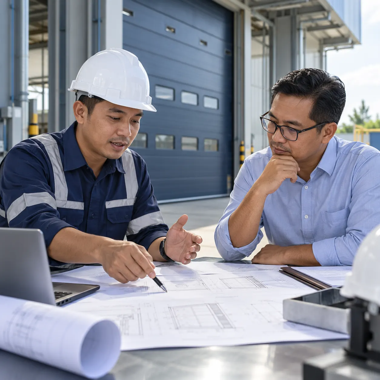 Engineer reviewing drawings with a client (rendering)