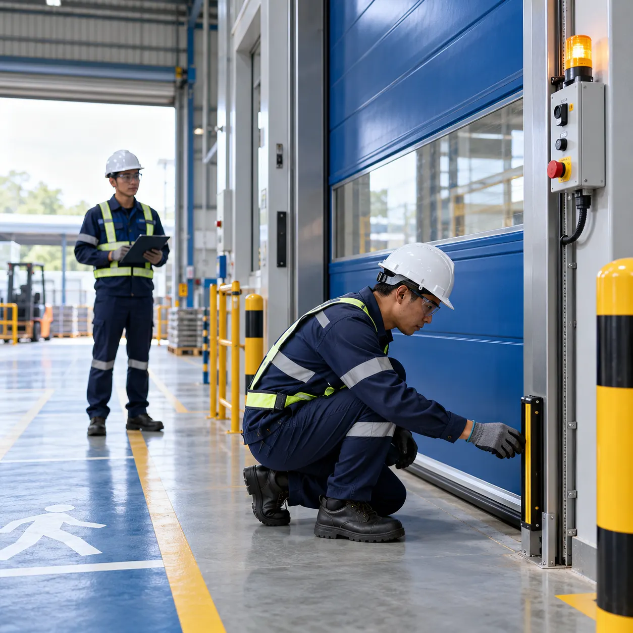 Technicians checking a high speed door and its safety devices (rendering)