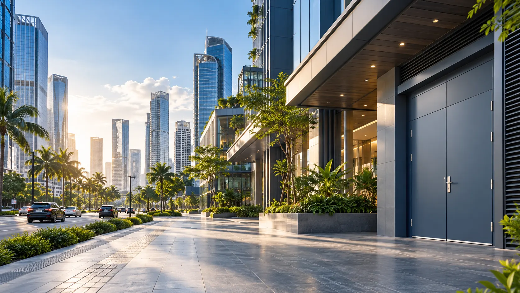 City skyline and a landscaped street beside a building entrance with doors (rendering)