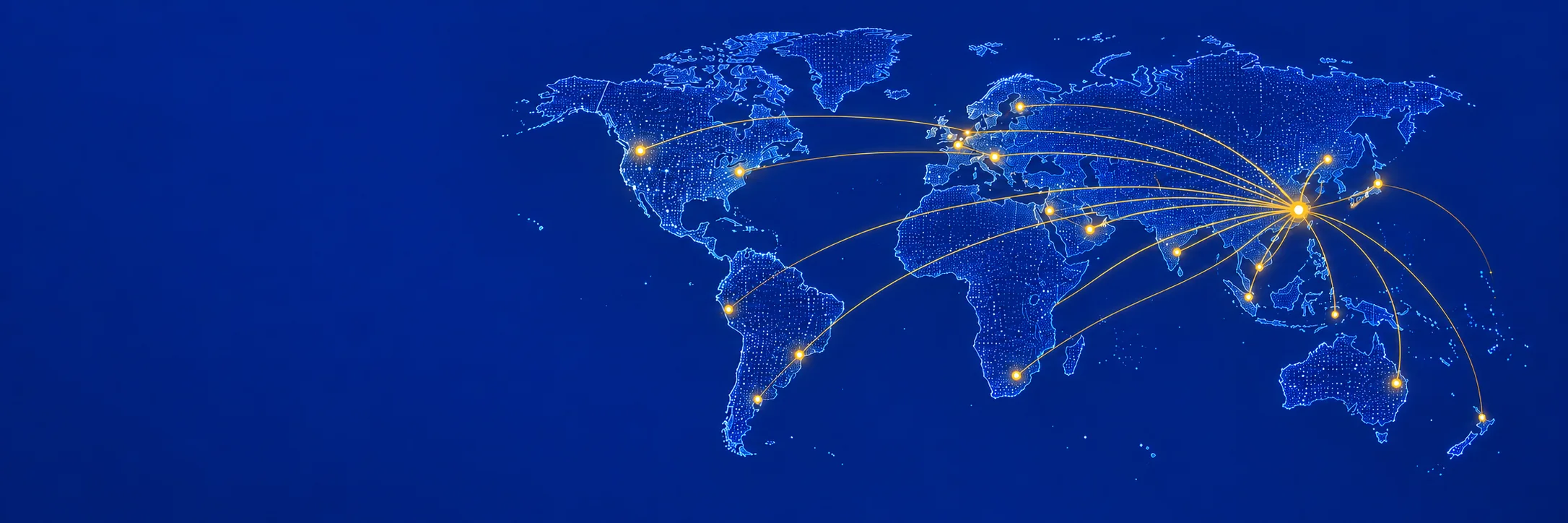 Blue world map with glowing lines linking East Asia to locations on every continent