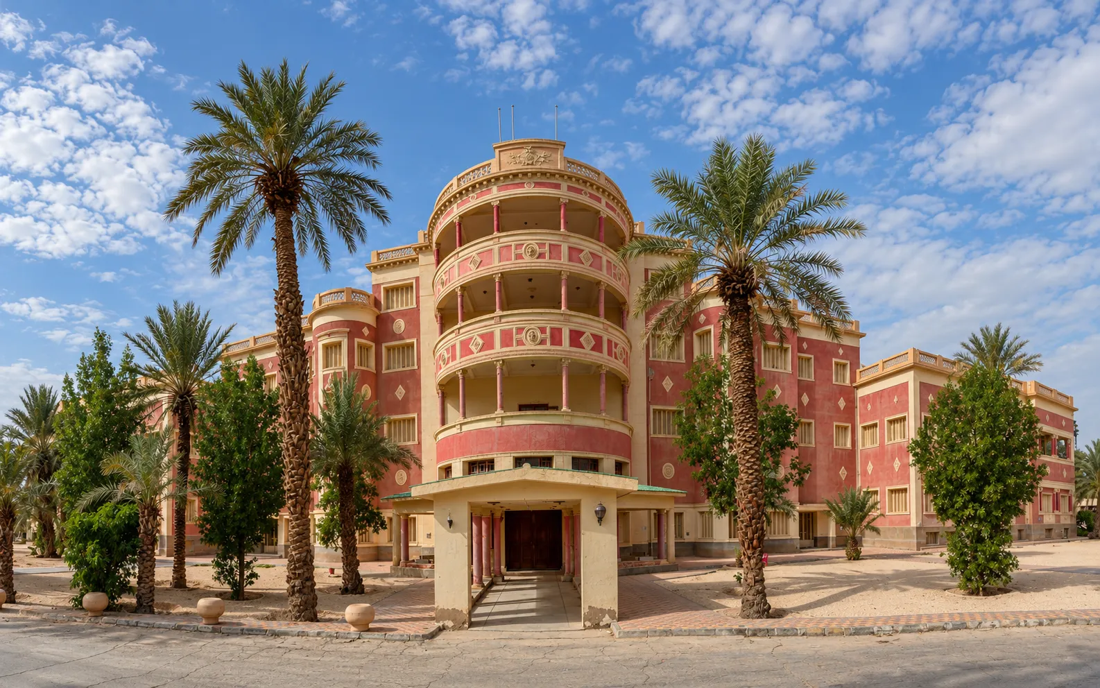 Pink and cream building with a round colonnaded tower and date palms