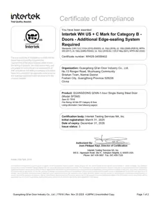 First page of the Intertek Warnock Hersey listing certificate for a 60-minute single swing steel door, Model SFD60