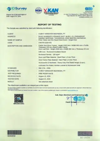 First page of Sucofindo test report E38326/FNBPAT for a single-leaf fire-rated steel door tested to SNI 1741-2008