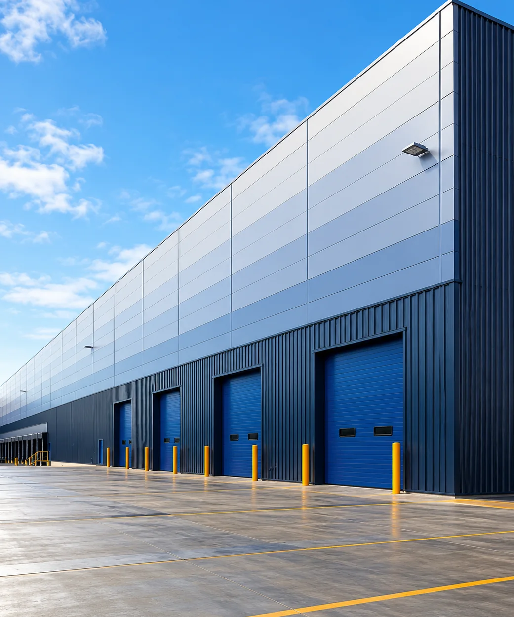 Warehouse with light grey and dark navy cladding and four blue sectional doors behind yellow bollards, under a blue sky