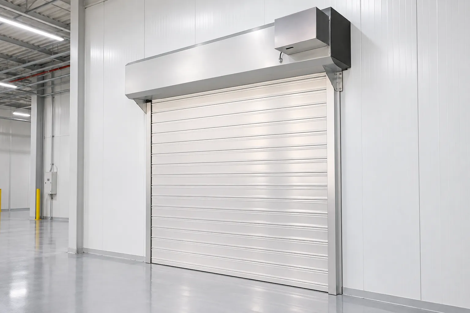 Steel fire roller shutter installed in a white industrial hall
