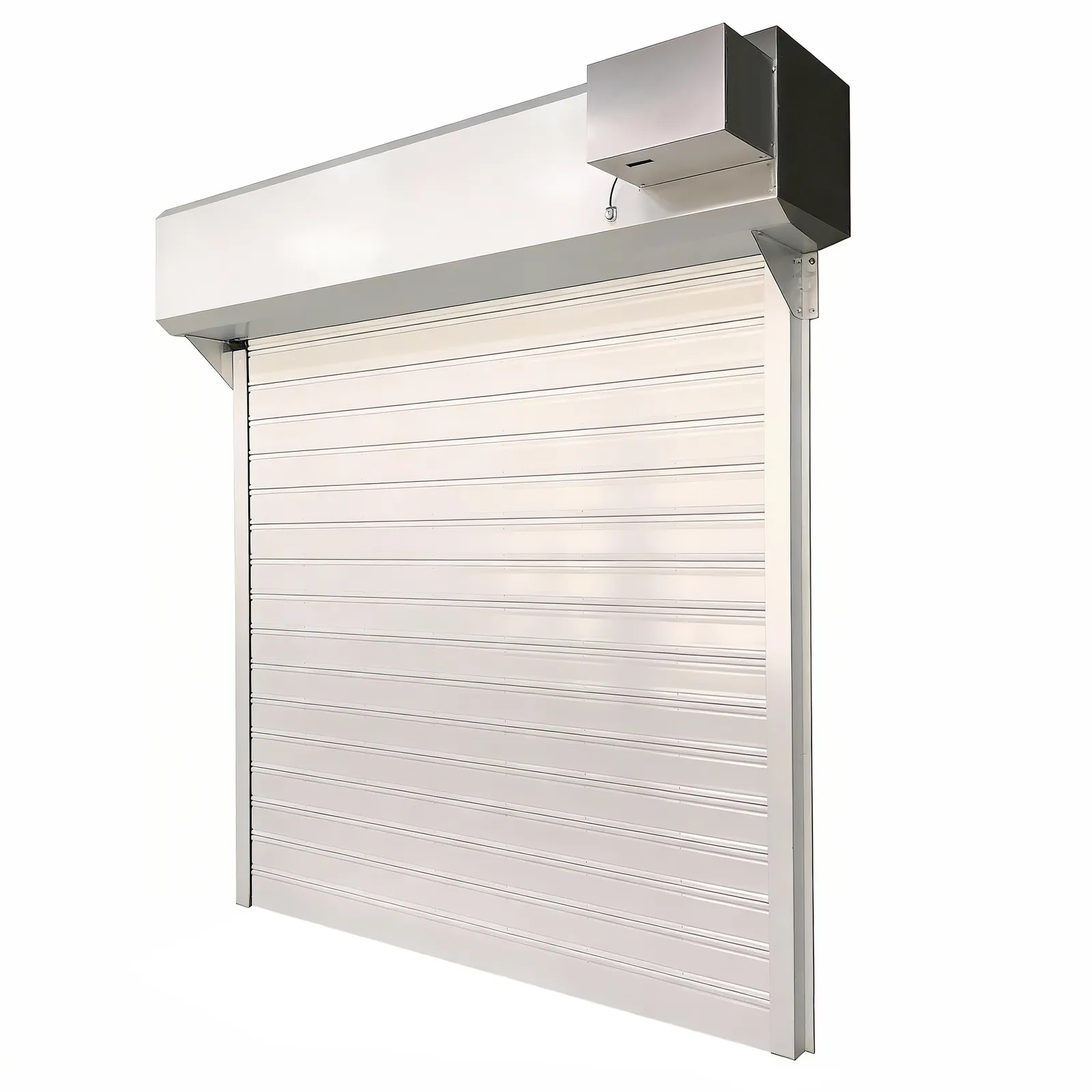White steel fire roller shutter with hood and motor cover, three-quarter view (catalogue rendering)