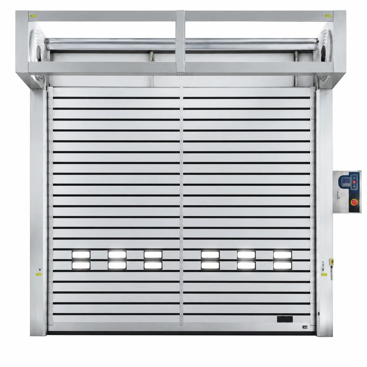 Aluminum high speed spiral door with a centre post, vision windows and control box, on a white background (rendering)