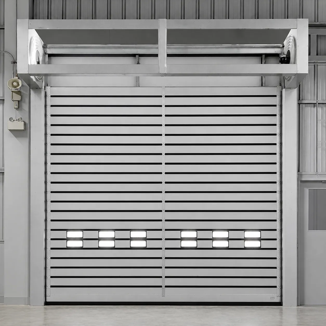 Grey high speed spiral door with a centre post and rows of small vision windows