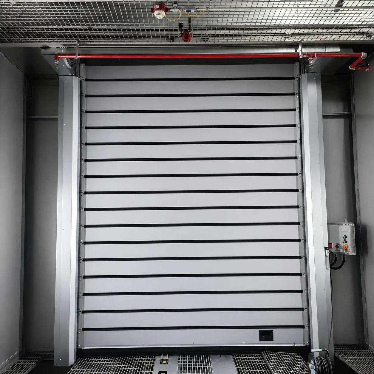 High speed spiral door at the entrance of an enclosed process booth with grating floor, sprinkler pipes and an explosion-proof control box