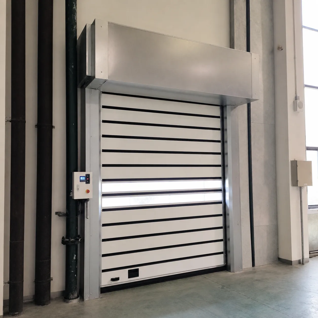 White high speed spiral door seen at an angle inside a factory, next to vertical service pipes