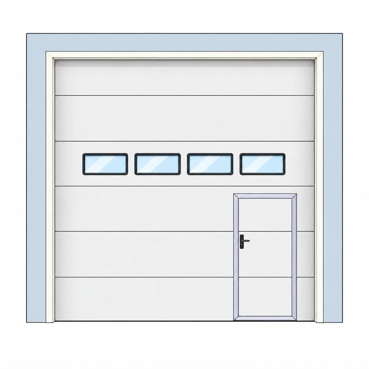 Sectional door with wicket door and vision panels