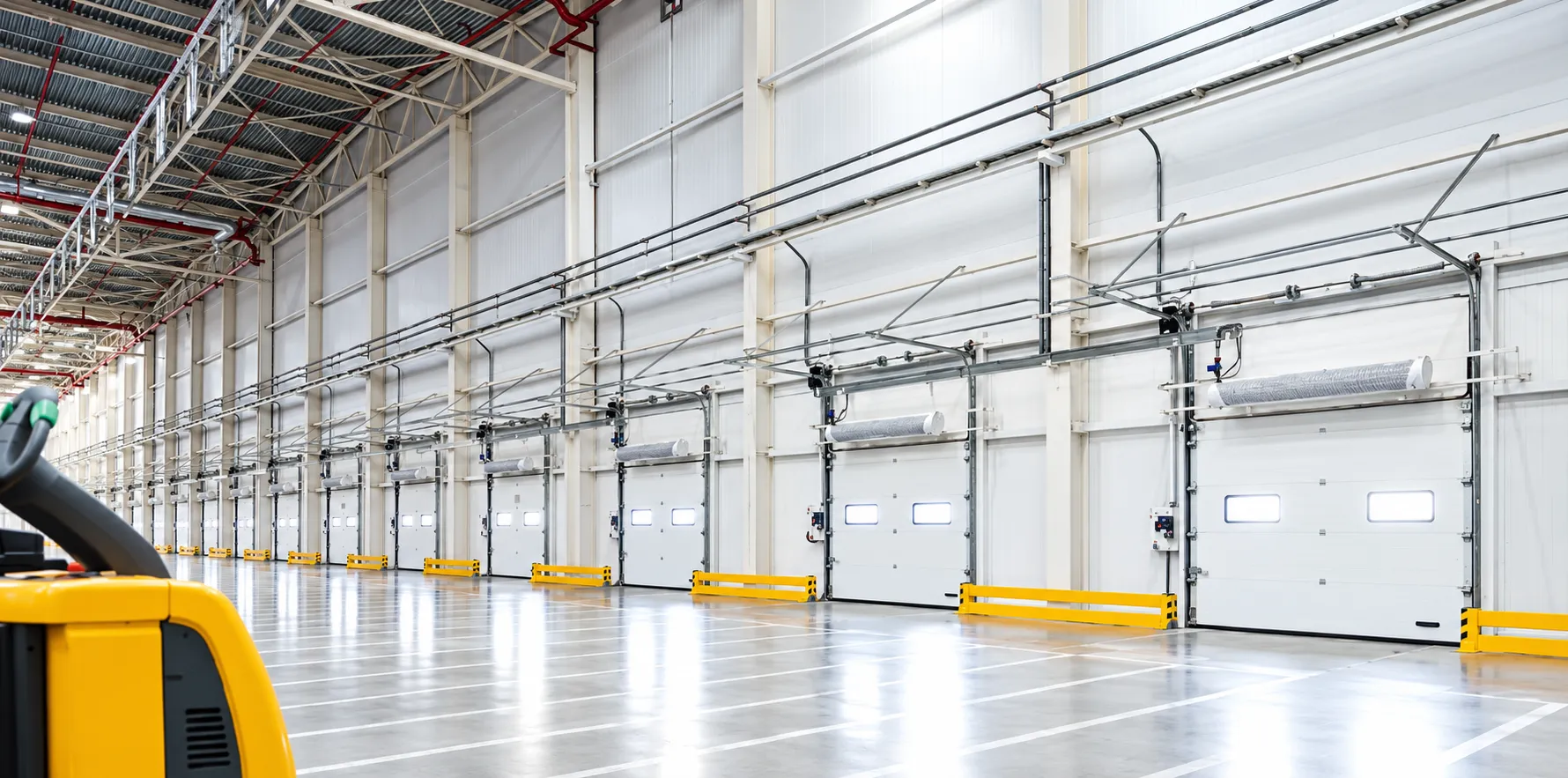 Row of industrial sectional doors at loading docks in a logistics warehouse