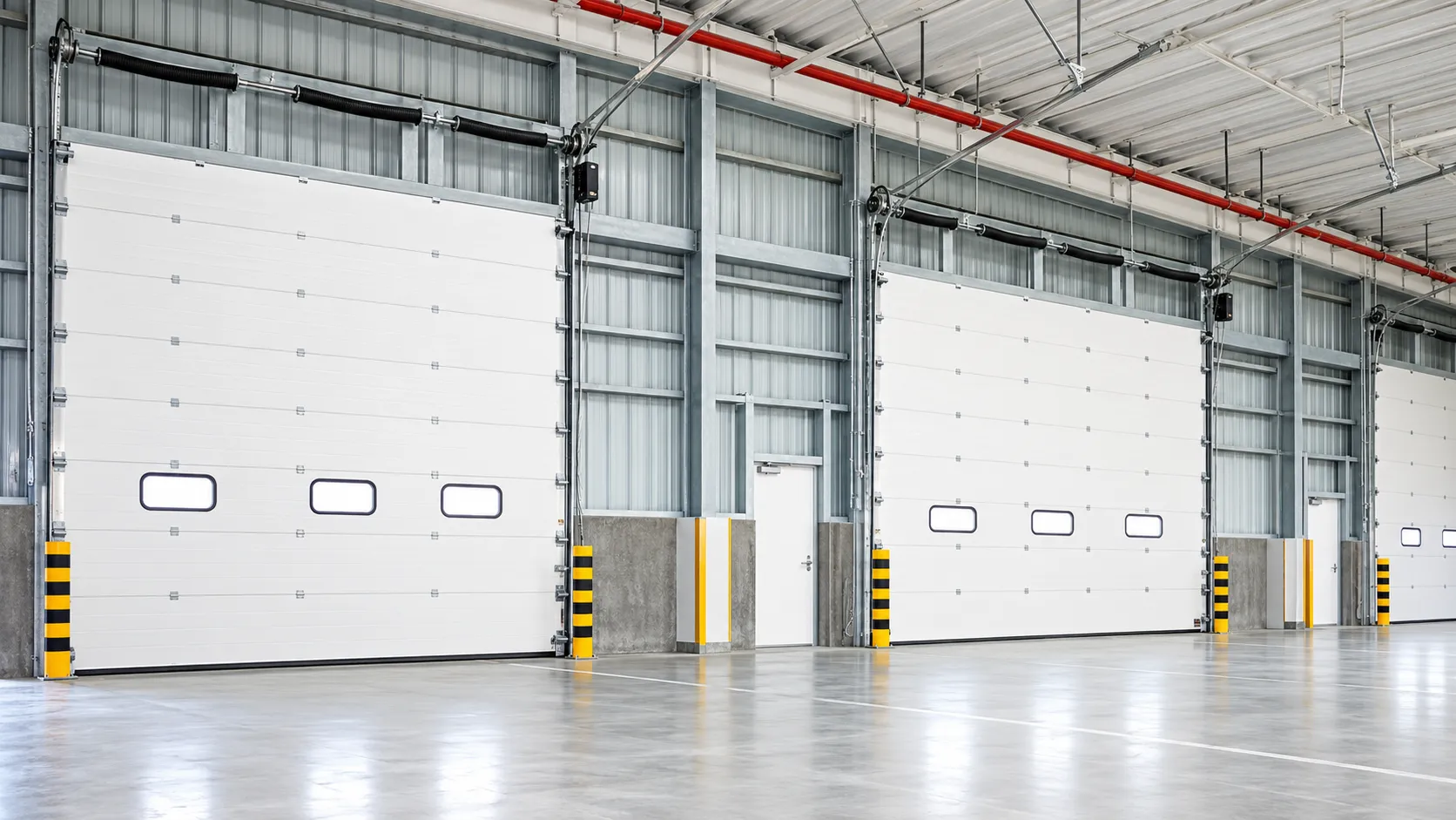 White sectional doors with windows along a warehouse loading dock, yellow-black bollards beside each door (rendering)