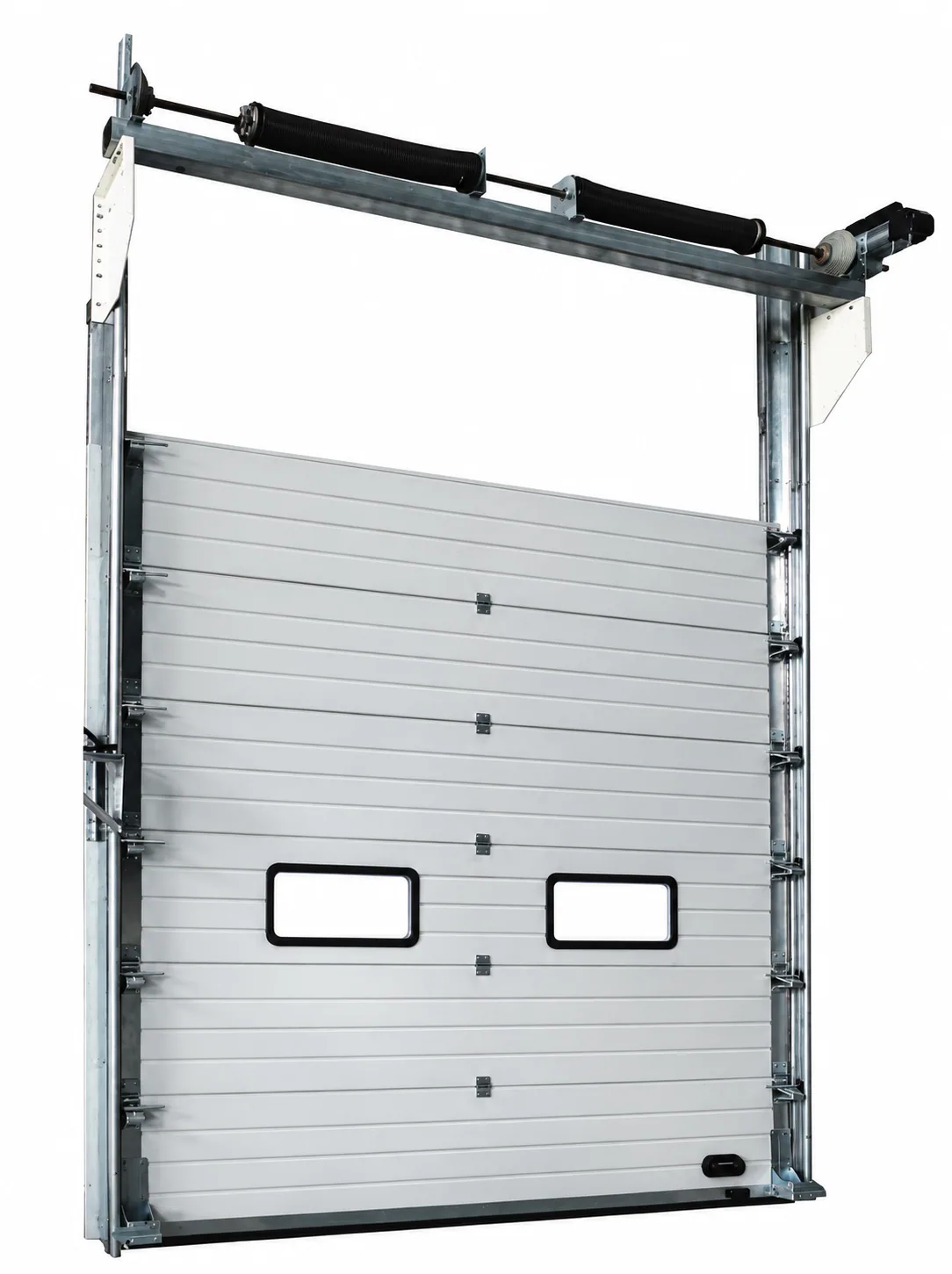 Industrial sectional door with vertical-lift track, torsion springs and vision windows