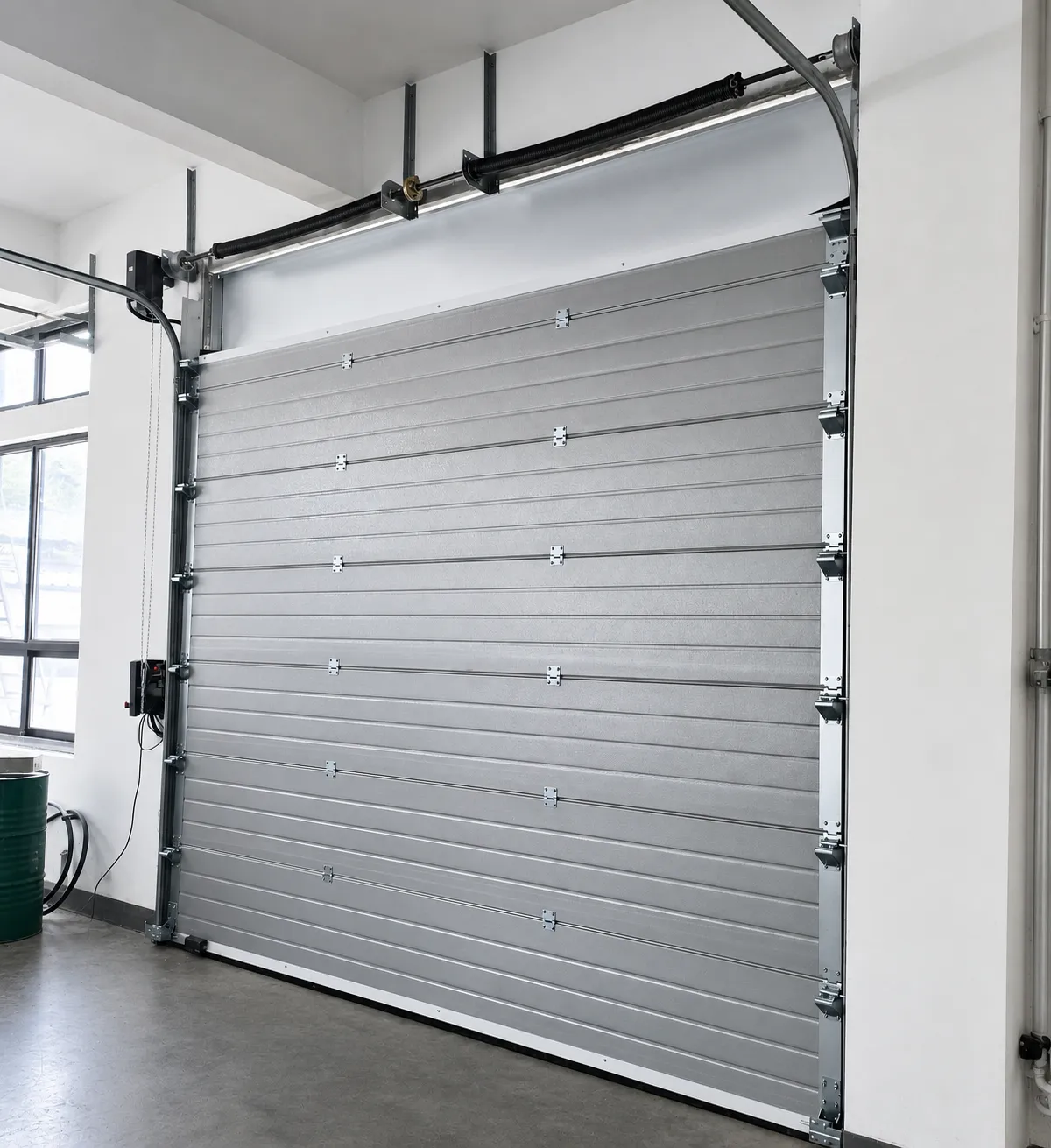 Grey sectional door with torsion springs and a side-mounted operator inside a workshop