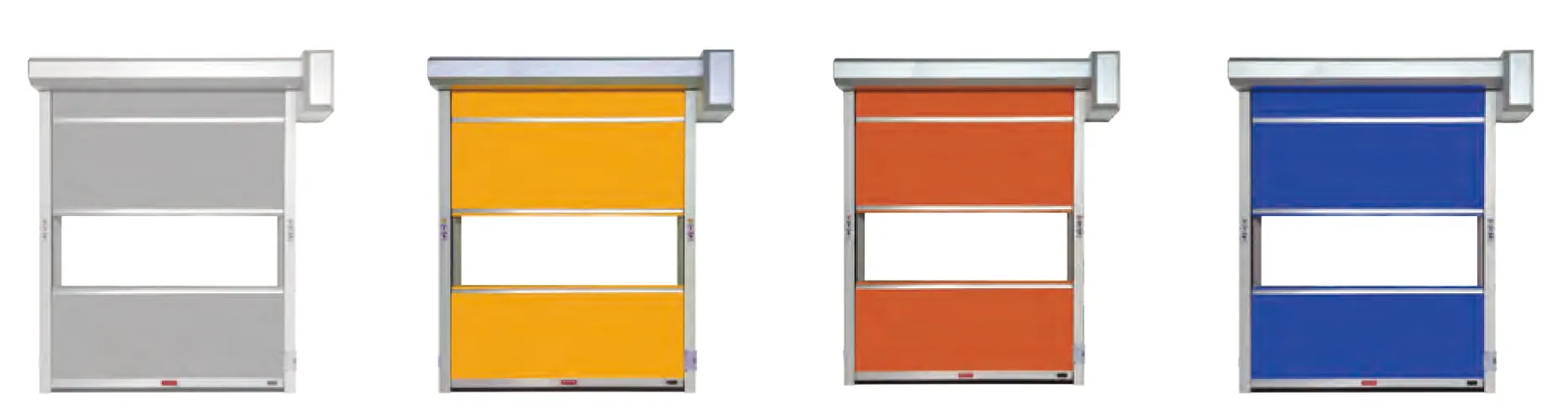 Four colour samples: grey, yellow, orange and blue (catalogue)