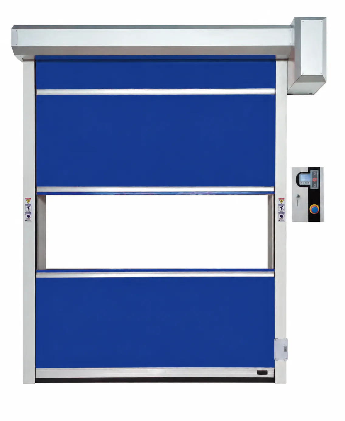 Blue PVC high speed door with a clear vision strip, motor hood and control box, on a white background (rendering)