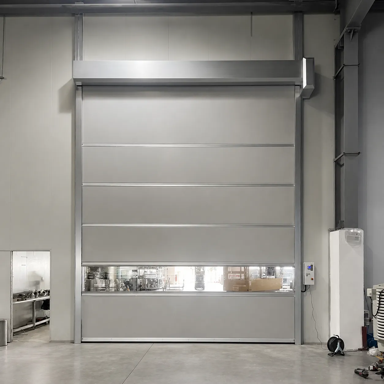Grey PVC high speed door with a clear vision strip in a workshop, front view