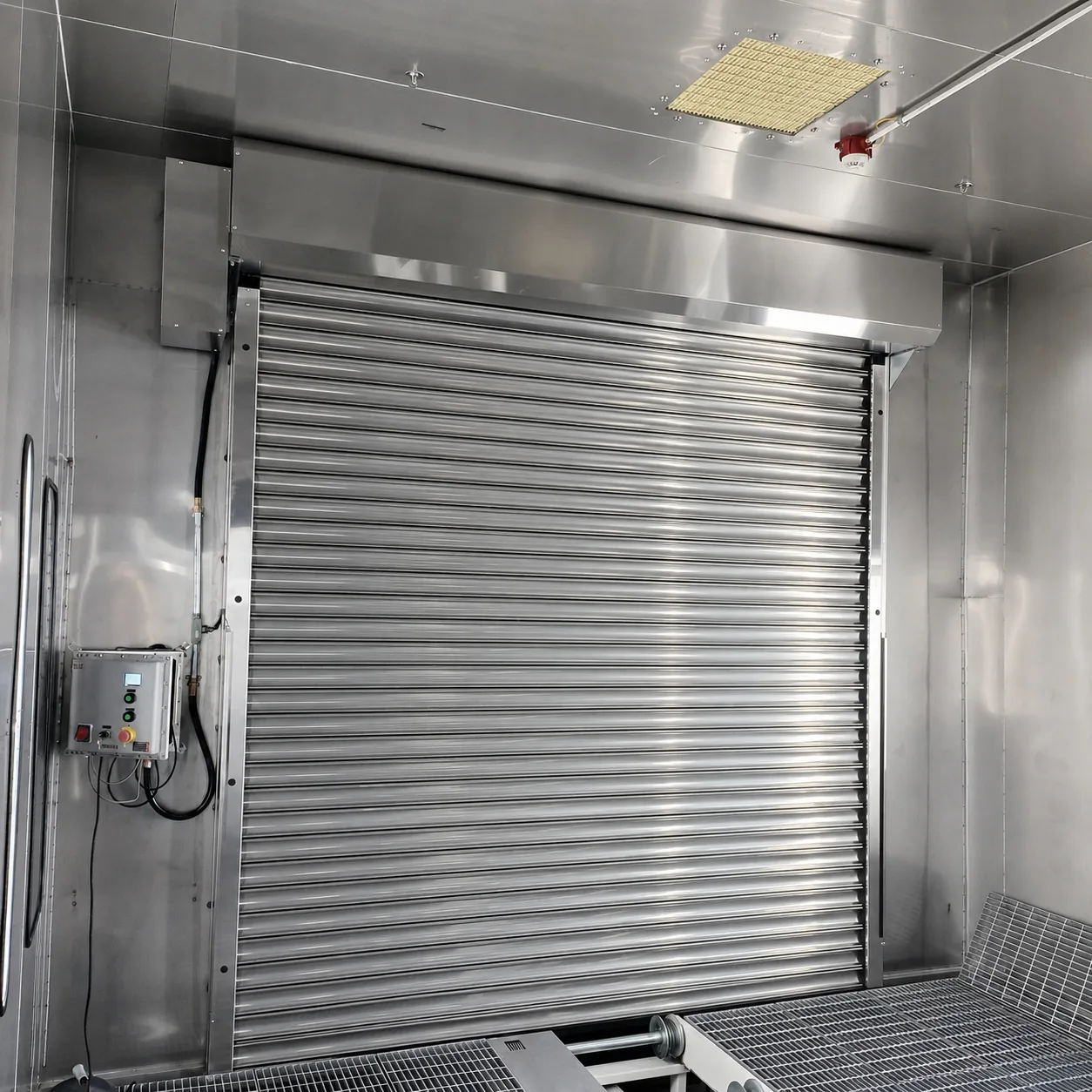 Metal explosion-proof roller shutter at the entrance of a stainless-steel process booth, with an explosion-proof control box on the wall