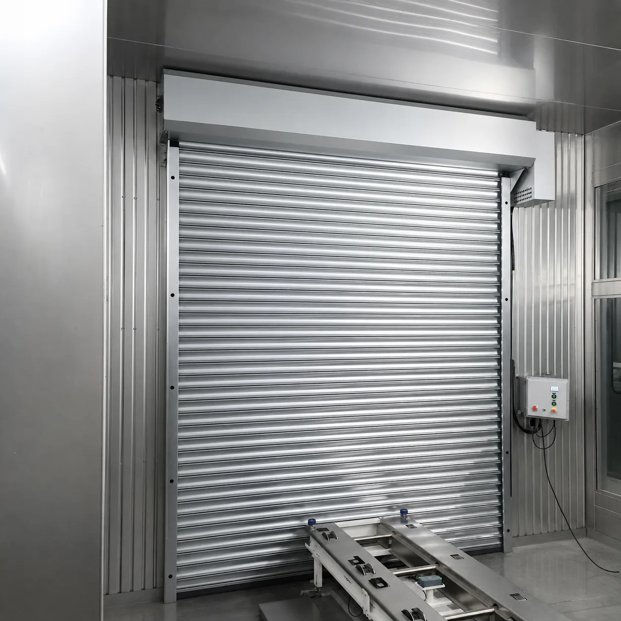Another explosion-proof roller shutter at an enclosed workstation, with a conveyor carriage and control box