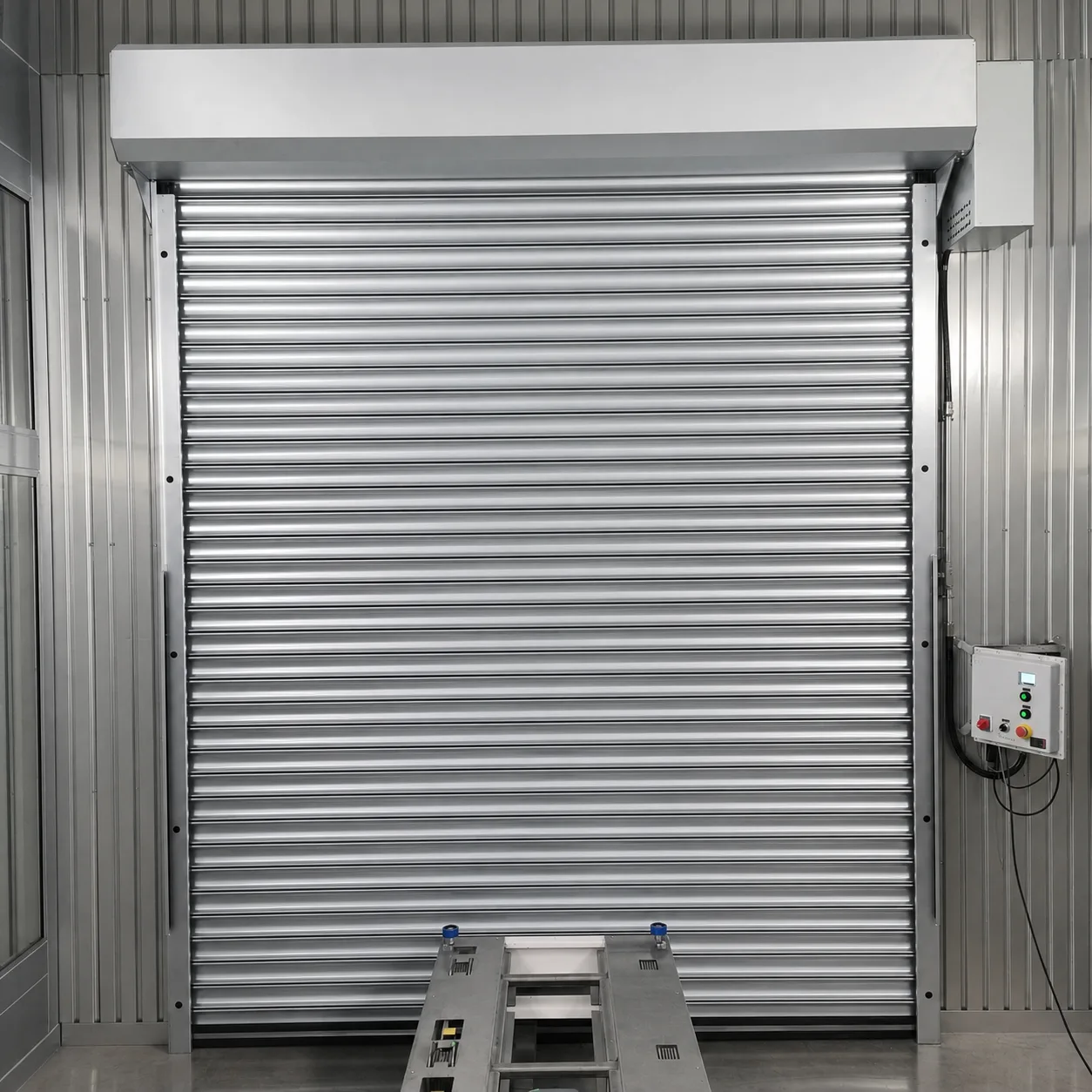 Explosion-proof roller shutter closing an enclosed workstation with a conveyor carriage in front and an explosion-proof control box