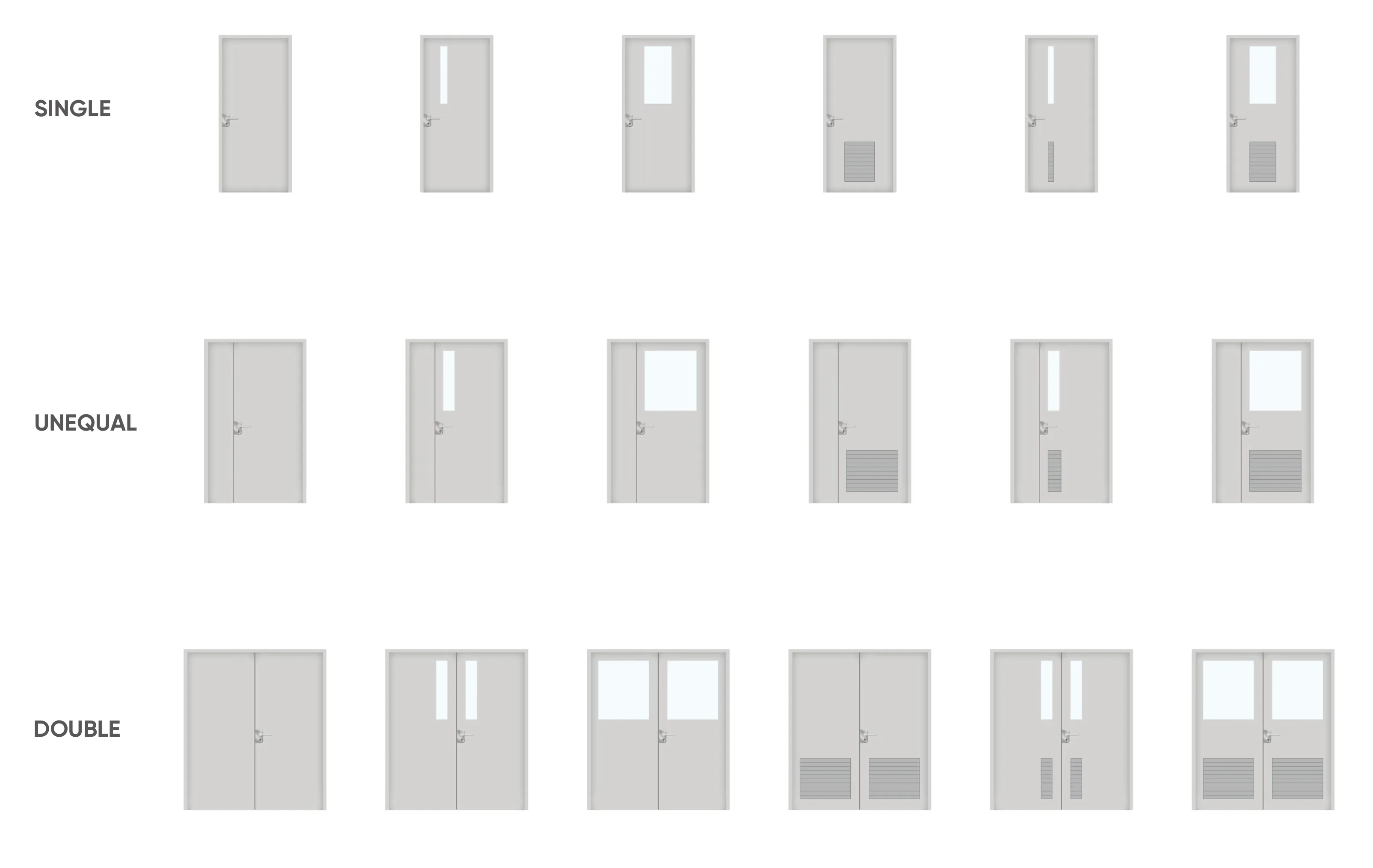 Diagram of single, unequal and double steel door leaves, each flush, with vision panels, louvers or both