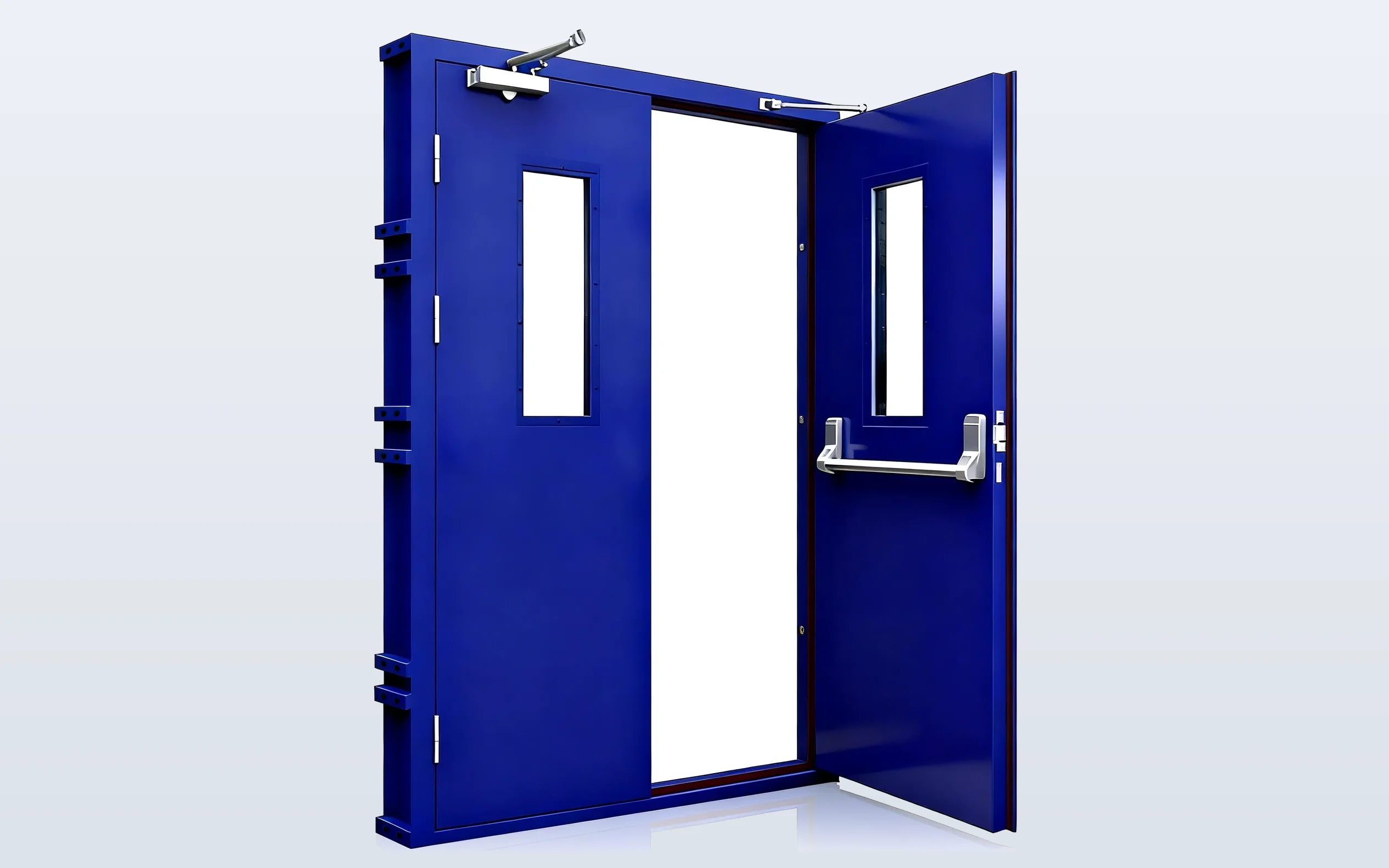 Open blue double steel door with vision panels, door closers and push bar (catalogue rendering)