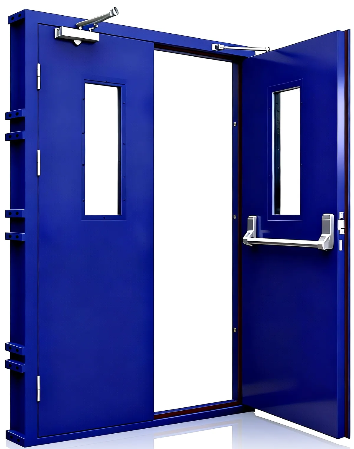 Open blue double steel fire door with vision panels, door closers and push bar (catalogue rendering)