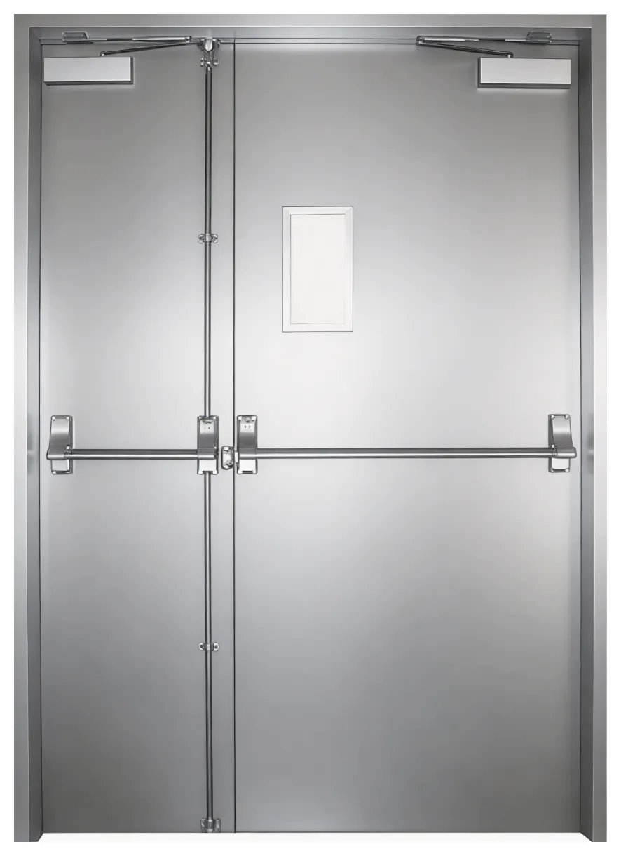 Double leaf with vision panel, push bars and door closers