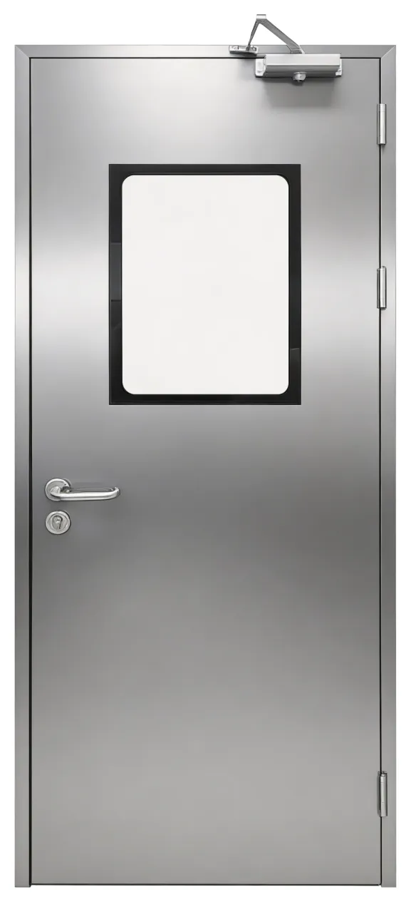 Single leaf with vision panel and door closer