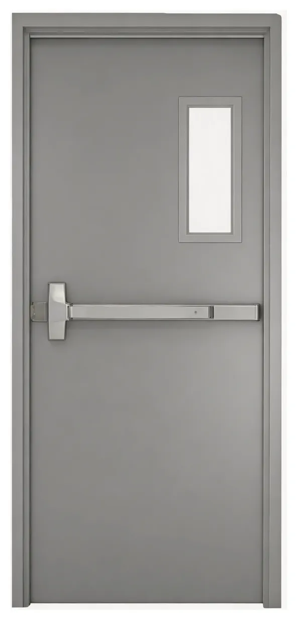 Single leaf with narrow vision panel and push bar