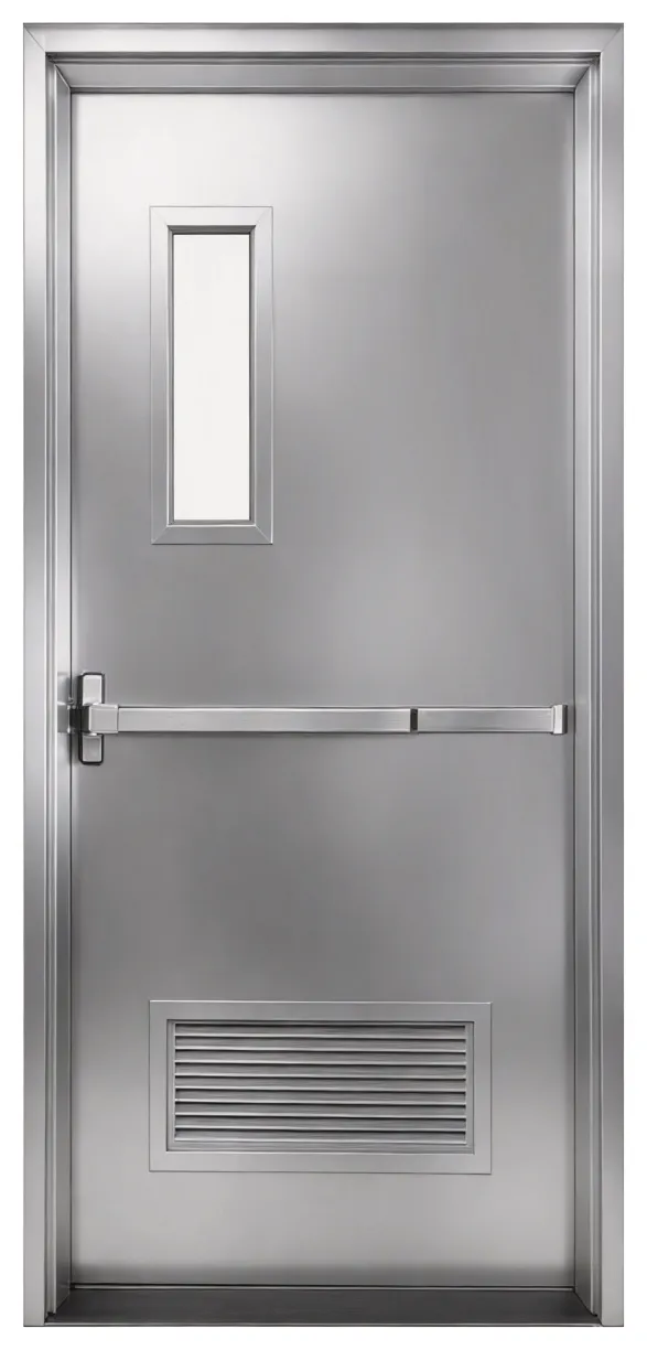 Single leaf with vision panel, push bar and louver