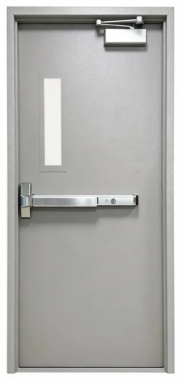 Single leaf with vision panel, push bar and door closer