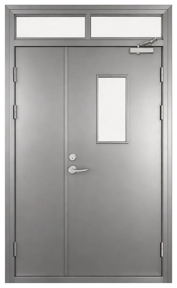 Unequal leaf with transom, vision panel and door closer