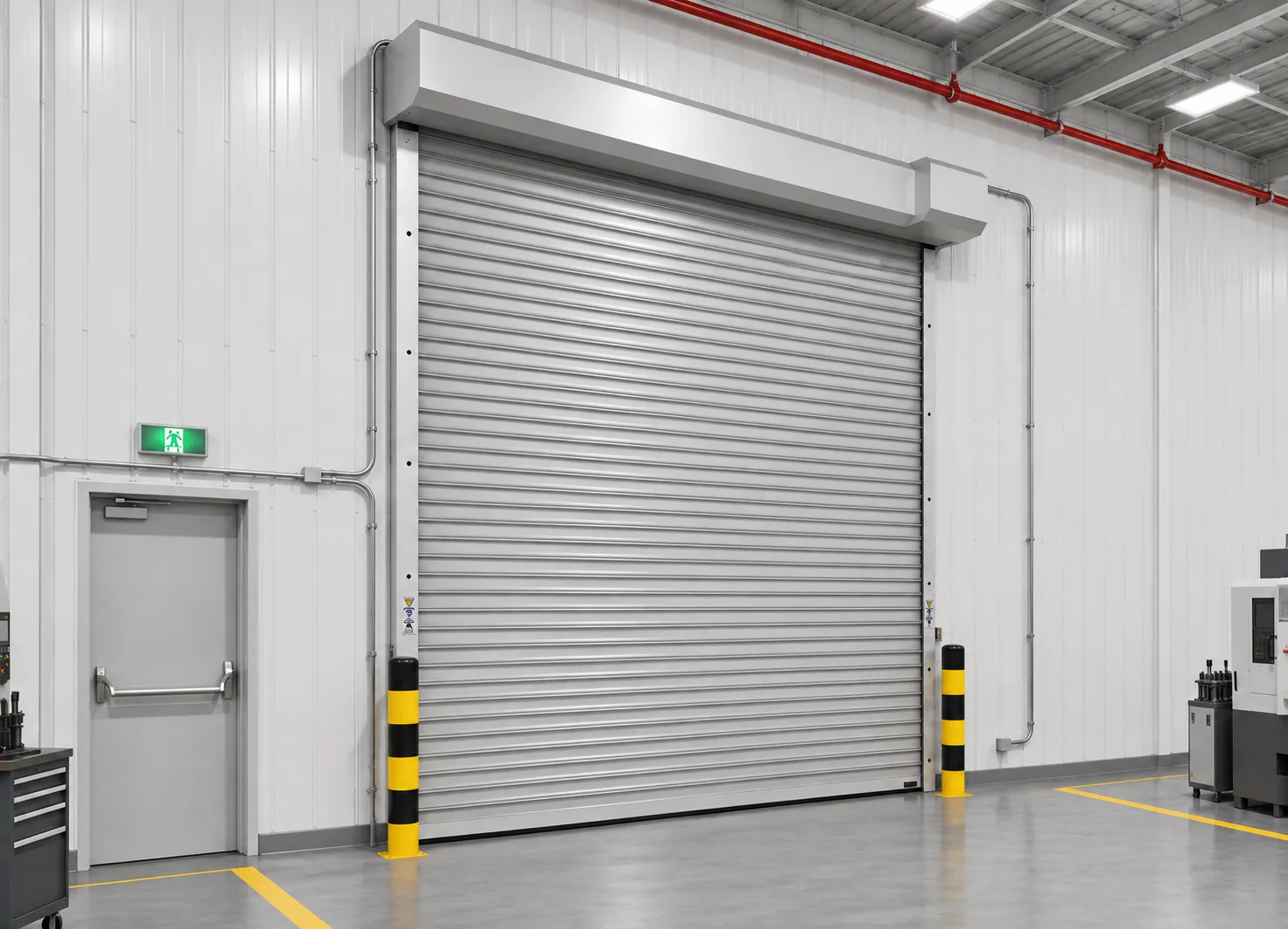 Steel fire shutter beside an emergency exit door in a warehouse