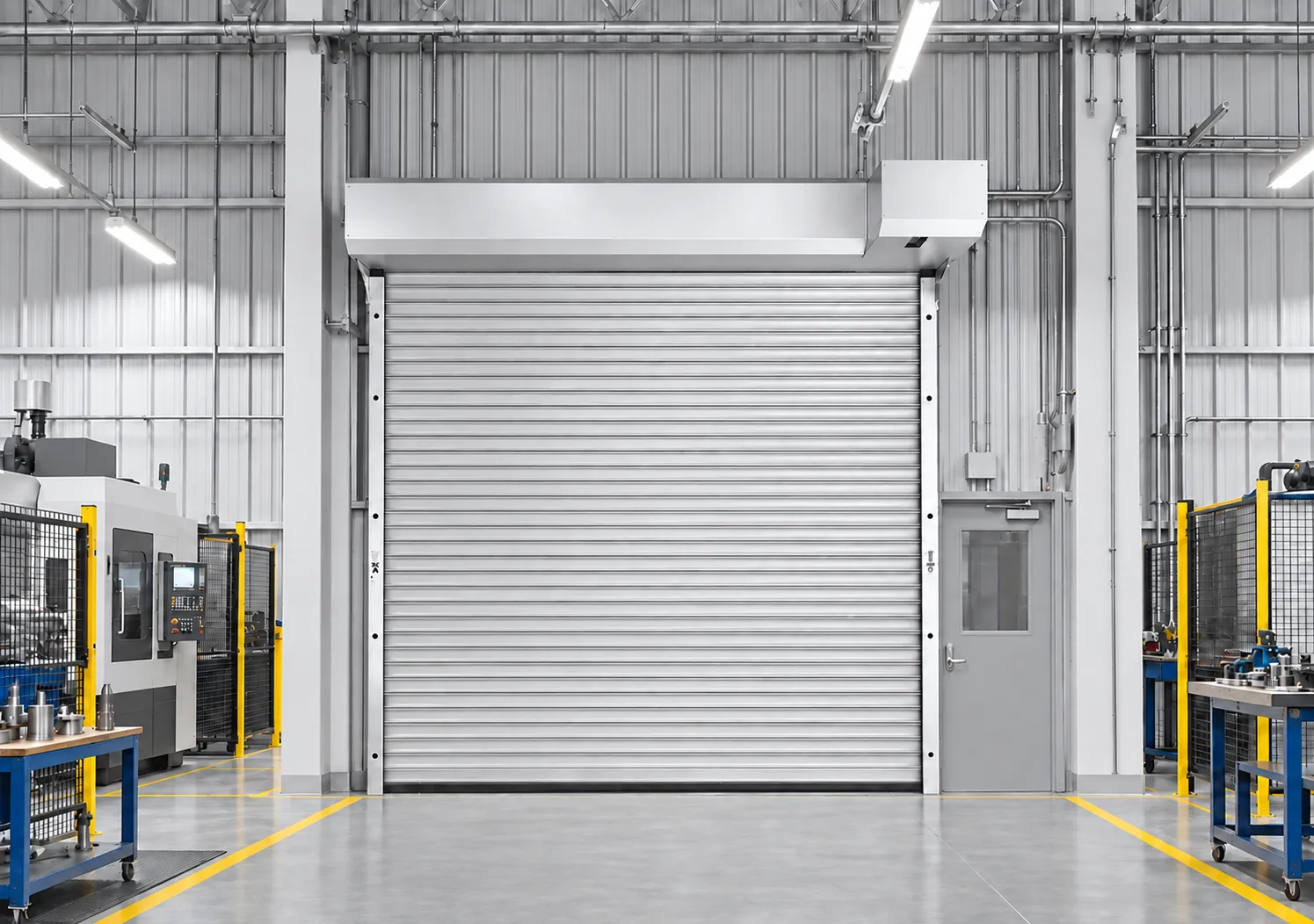 Steel fire shutter beside a steel door in a machining workshop