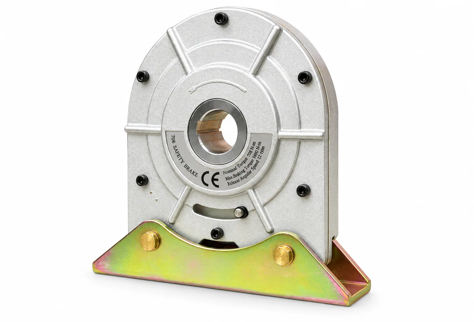 708 safety brake with CE mark and torque nameplate on a mounting bracket