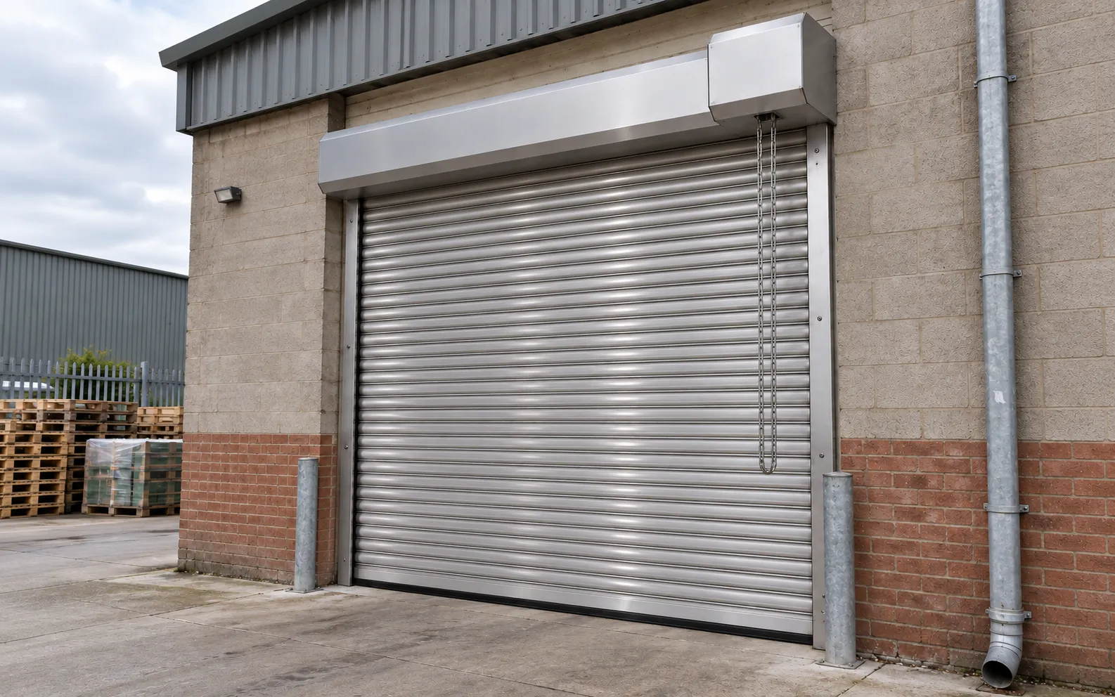Silver stainless steel roller shutter at a warehouse entrance (rendering)
