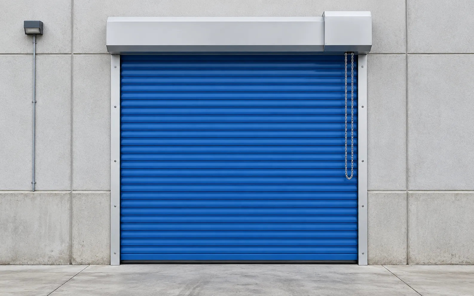 Blue prepainted steel roller shutter at a logistics warehouse (rendering)
