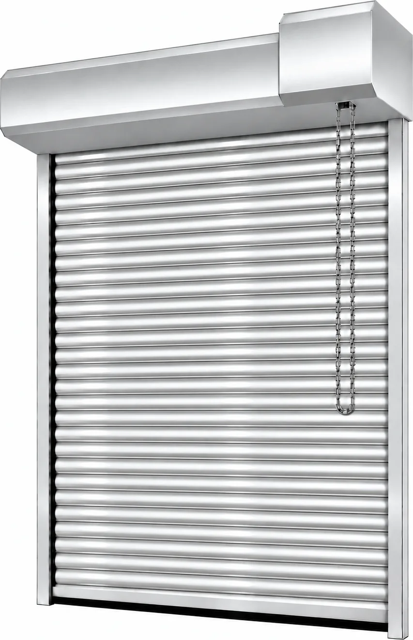 Rendering of a silver roller shutter door with hood, hand chain and side guide rails