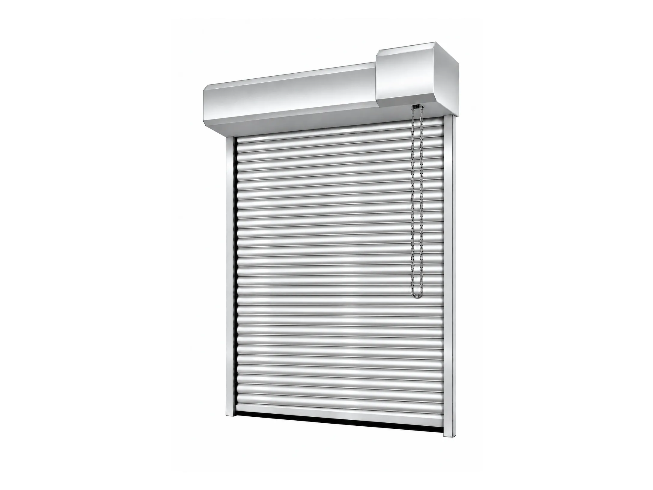 Rendering of a silver roller shutter door with hood and side guide rails